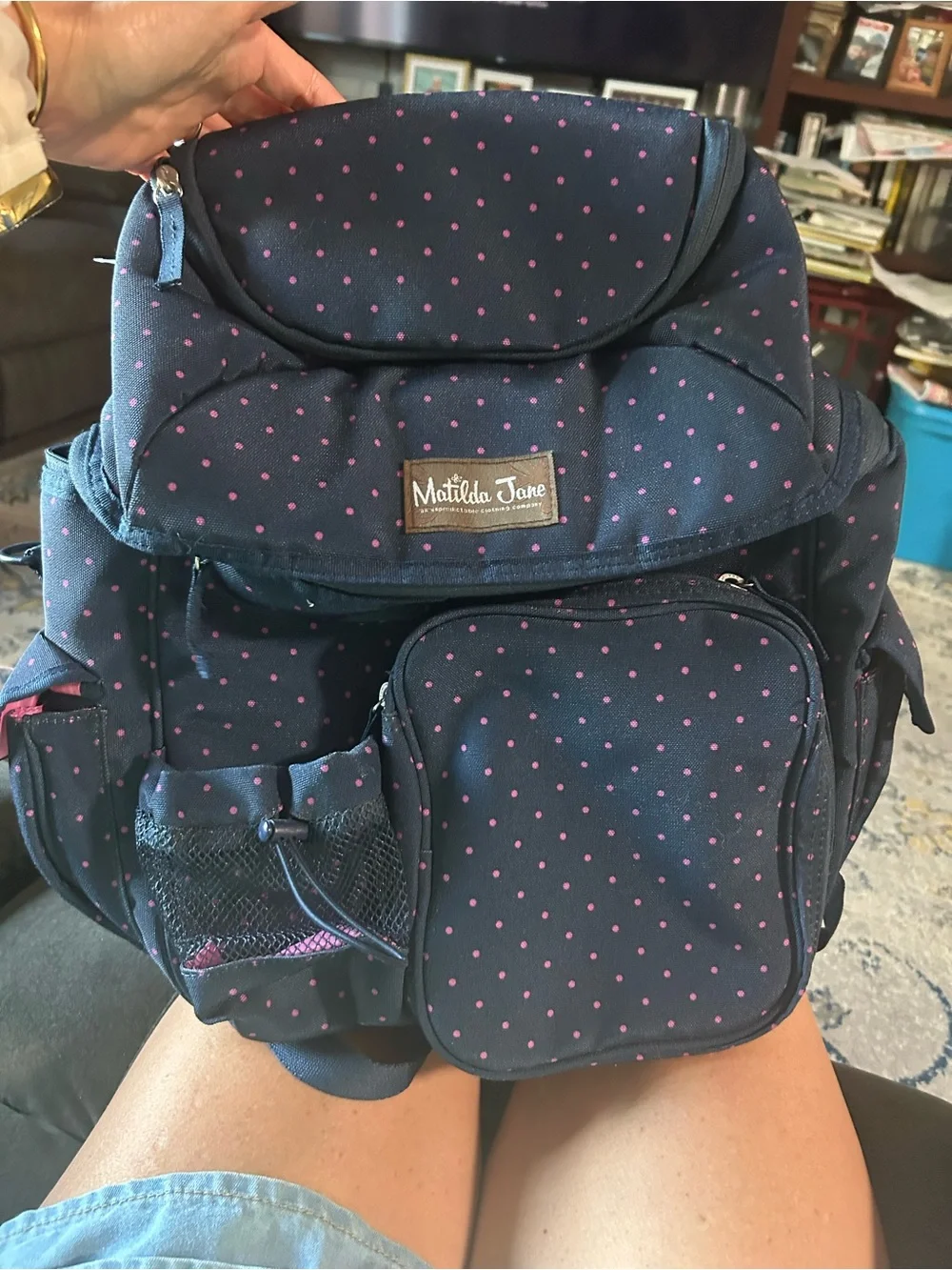 Matilda Jane Navy Backpack with Pink Polka Dots